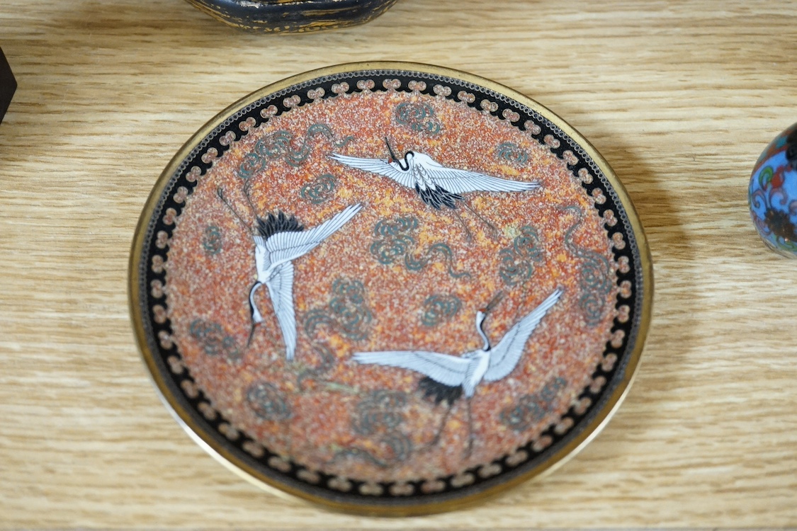 A collection of Japanese cloisonne vases to include a small ‘crane’ dish, together with a lacquered box, largest 12.5cm high. Condition - mostly fair/good